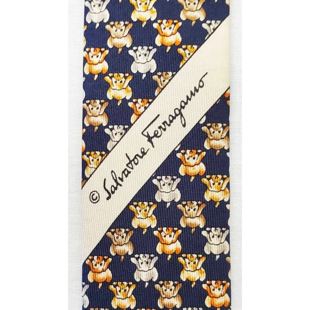 Salvatore Ferragamo Mens Puppy Dogs Puppies Navy 100% Silk Neck Tie Made Italy